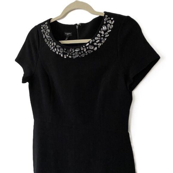Talbots Black Short Sleeve LBD Stretchy Career Mini Dress Beaded Neckline 8P - Picture 9 of 10